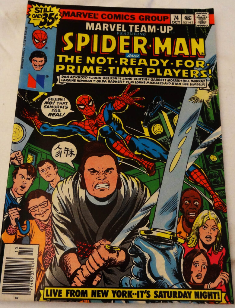 Marvel Team-Up #74 cover (1978): Spider-Man swings over the Saturday Night Live cast