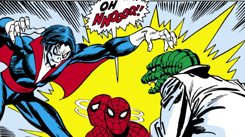 Comic panel of Morbius attacking the Lizard while Spider-Man watches