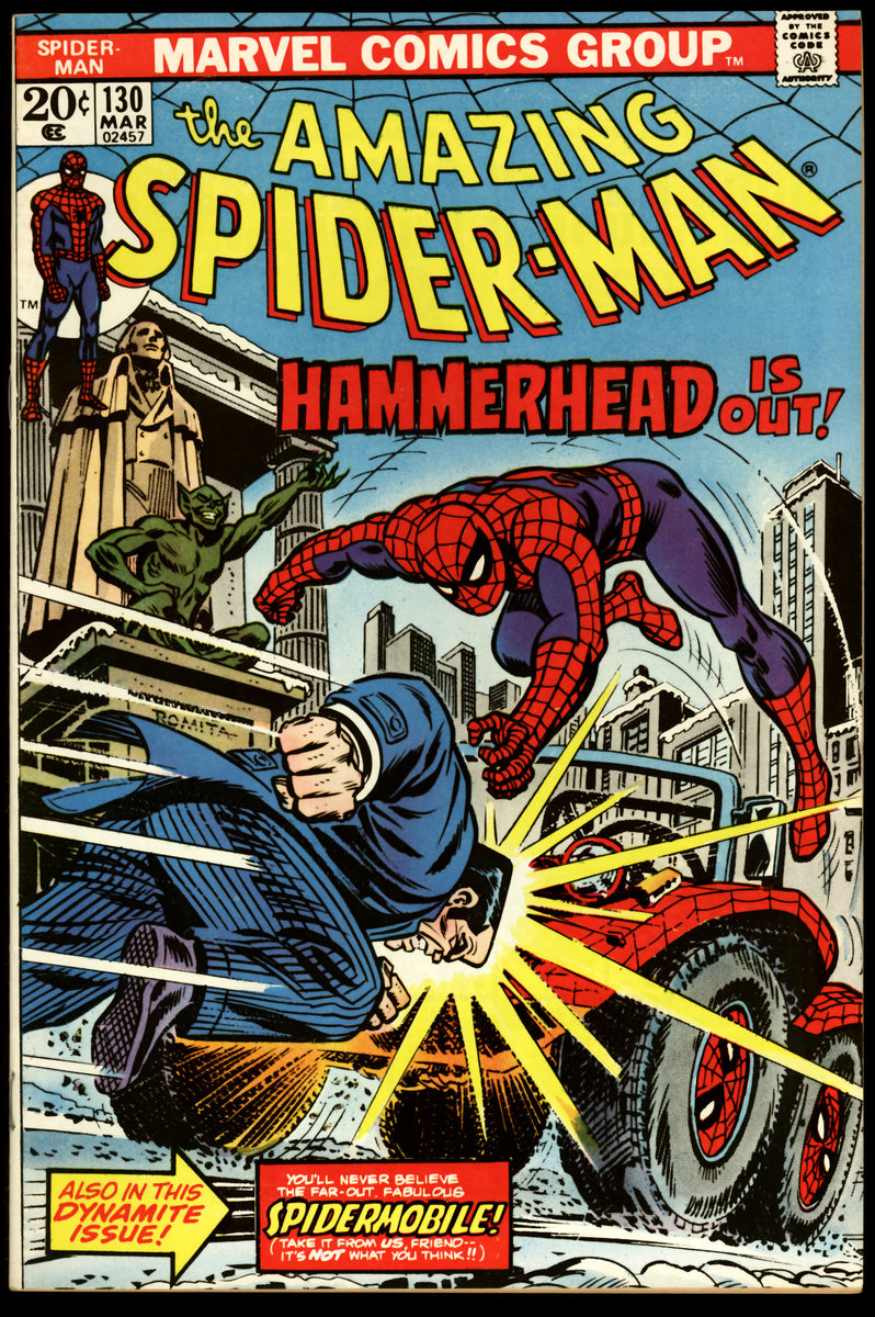 Amazing Spider-Man #130 cover: Spider-Man leaps over Hammerhead beside the red Spider-Mobile