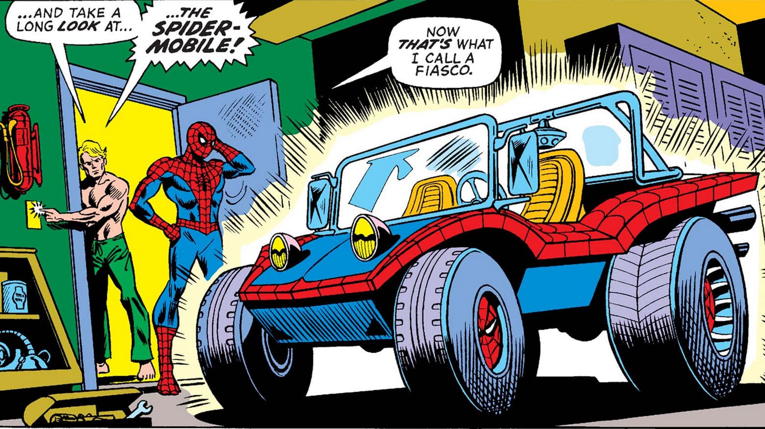 Comic panel: Johnny Storm unveils the Spider-Mobile as Spider-Man calls it a fiasco
