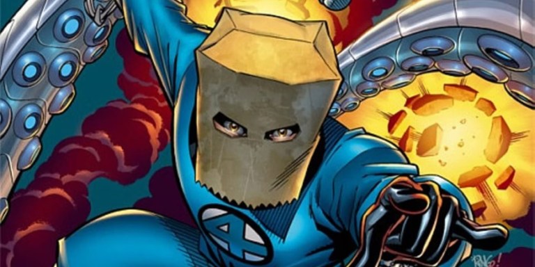 Spider-Man as the Bombastic Bag-Man wearing a paper bag and a Fantastic Four suit
