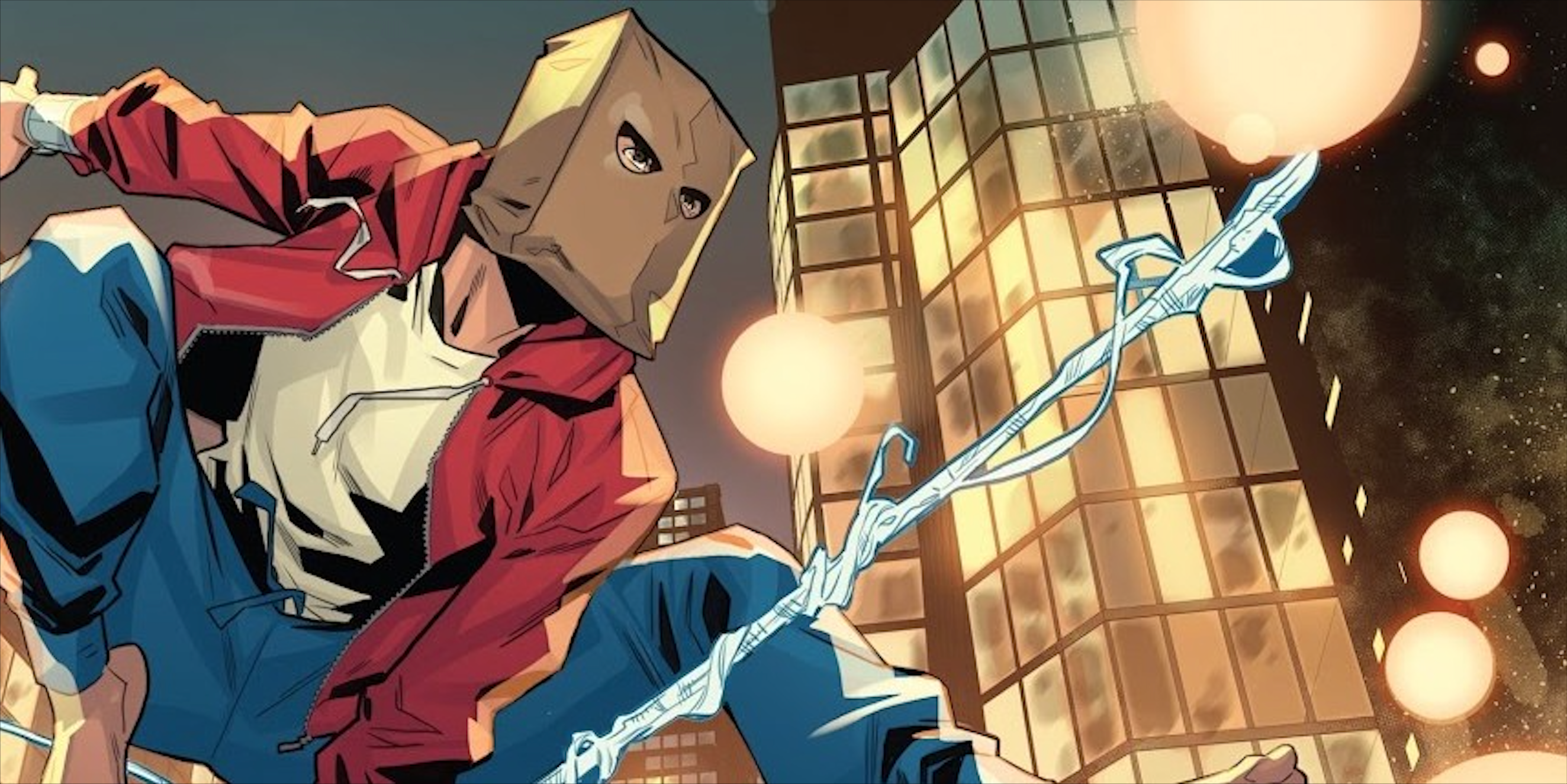 Spider-Man wearing a paper bag mask and street clothes while web-swinging