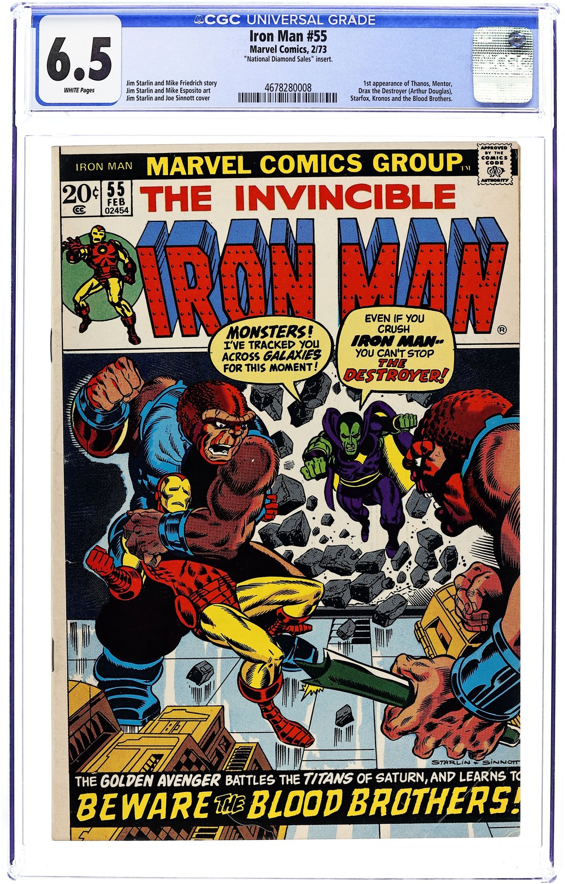 CGC-graded copy of Iron Man #55 (February 1973), 'Beware the Blood Brothers!' — first appearance of Thanos, Mentor, Drax the Destroyer, Starfox, and Kronos