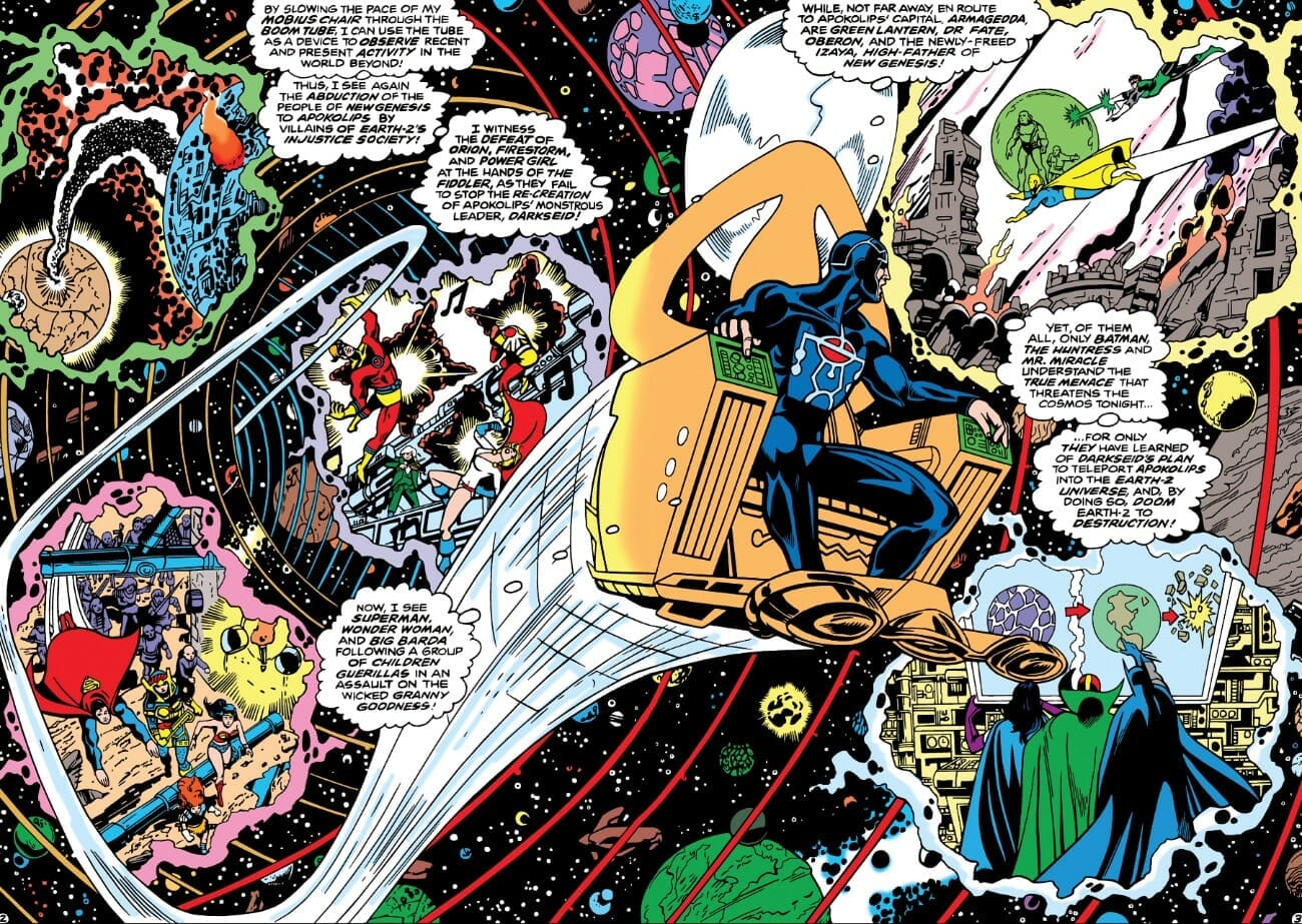 Metron of the New Gods drifting through space in his Mobius Chair, Justice League of America #185 splash page by George Pérez