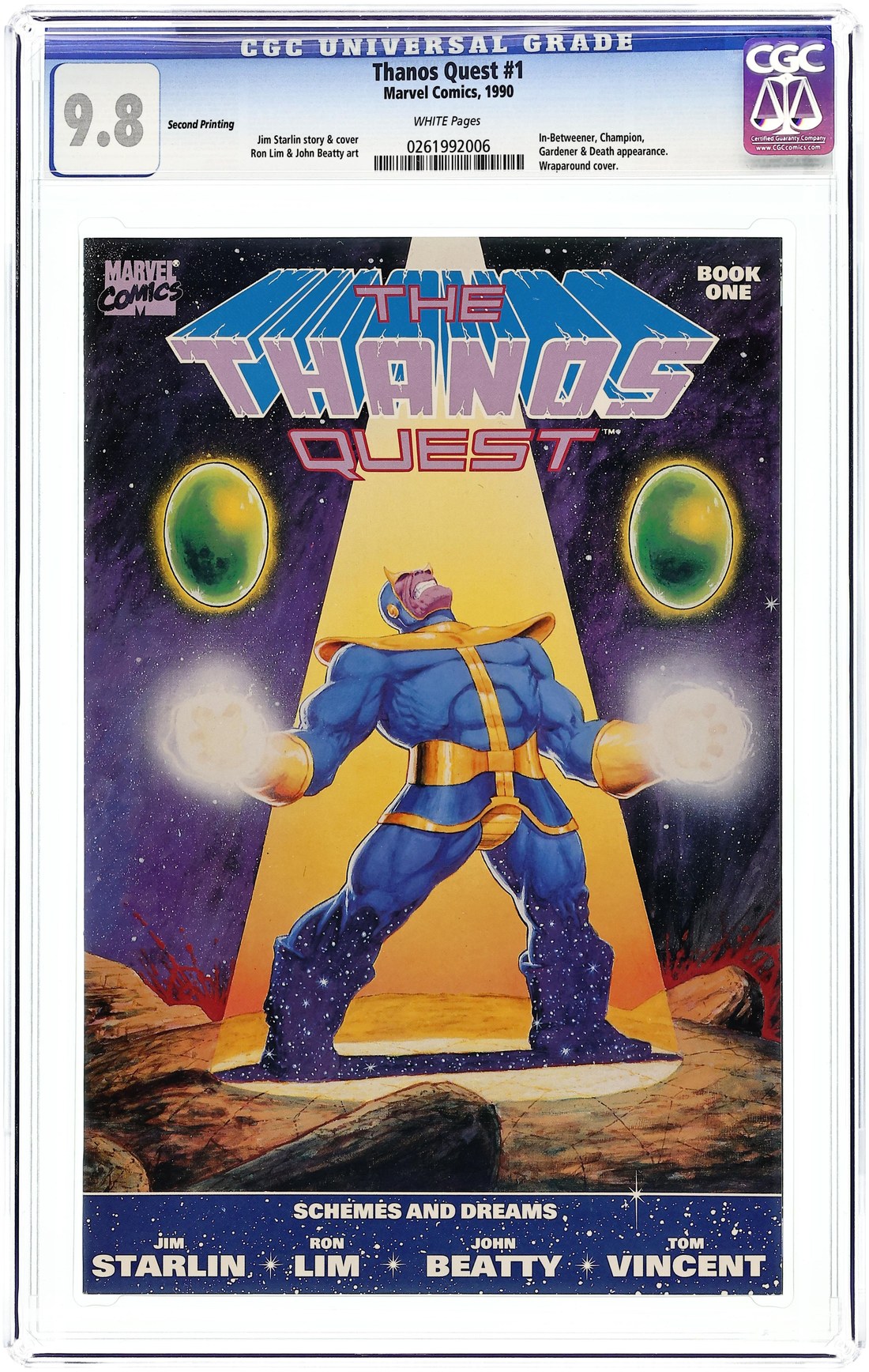 The Thanos Quest #1 (1990) cover by Jim Starlin: the fully beefed-up Thanos in his blue-and-gold armor between two Infinity Gems