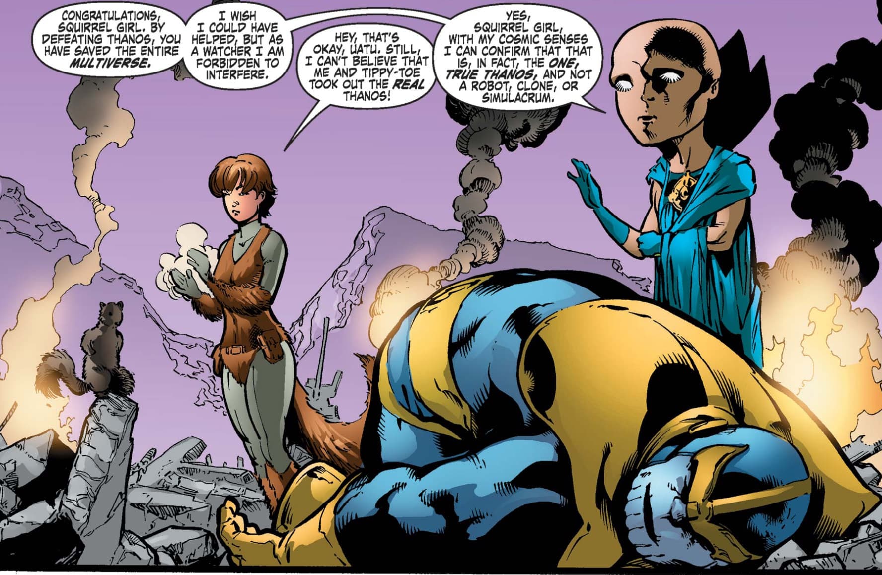 Close crop of the GLX-Mas Special #1 panel: Uatu the Watcher tells Squirrel Girl she saved the multiverse by defeating Thanos, confirming with his cosmic senses that it is the one true Thanos
