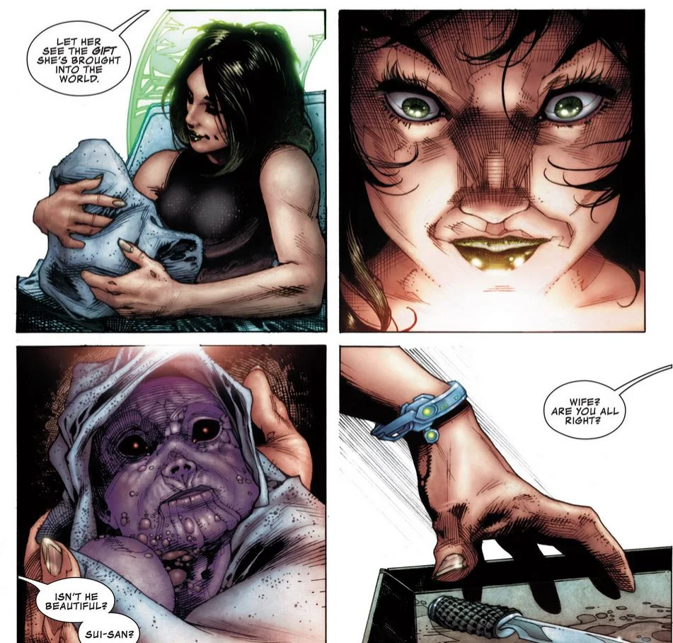 Panels from Thanos Rising #1 (2013): Sui-San holds her newborn son Thanos and reaches for a scalpel