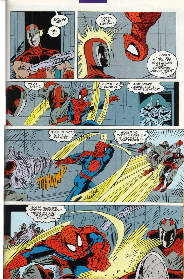 Interior page from Venom: Lethal Protector (1993): Spider-Man infiltrates the Life Foundation facility, asking after 'your living alien costume department'