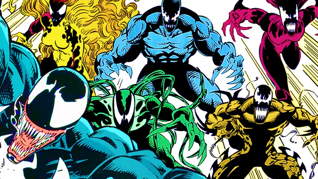 Comic art of the Venom symbiote family: Venom, Scream, Riot, Lasher, Phage, and Agony together