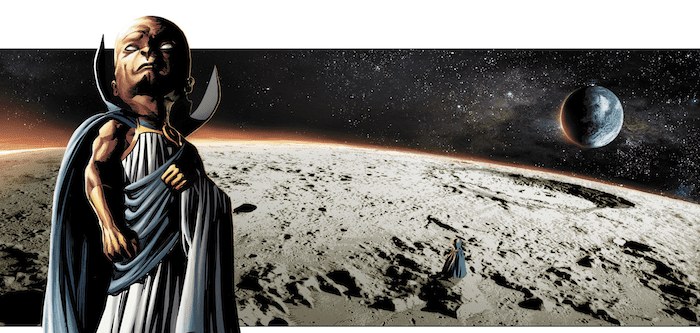 Uatu the Watcher standing on the Moon, Earth in the sky