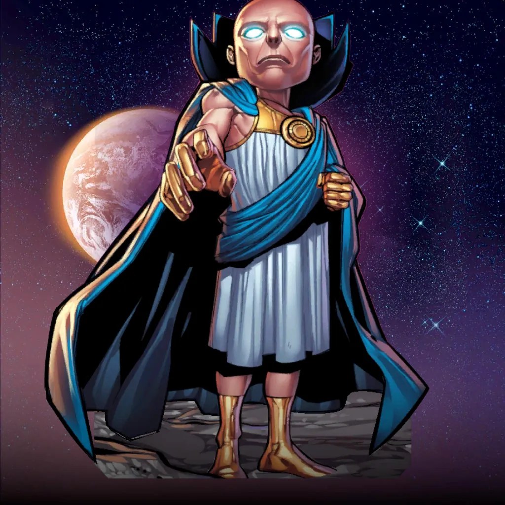 Uatu the Watcher, glowing eyes, against a starfield