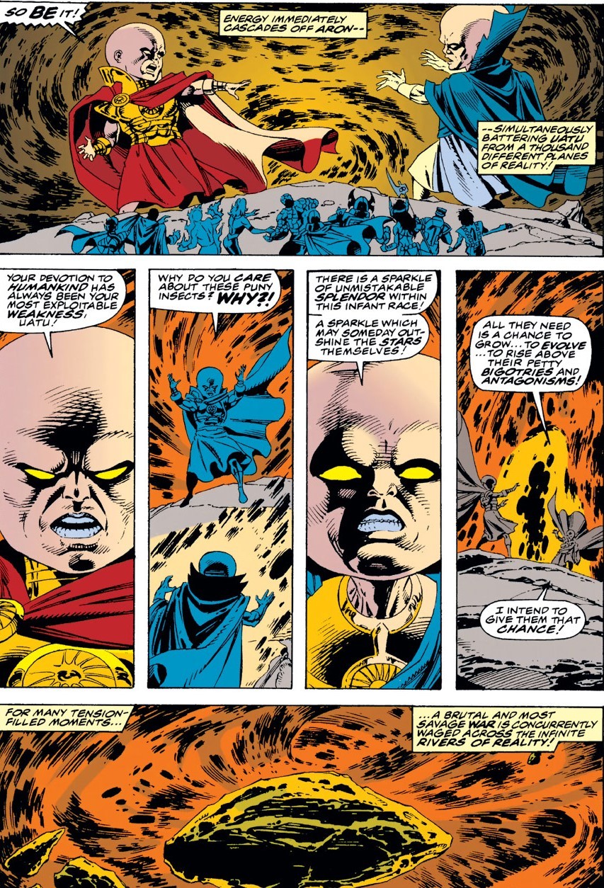 Comic art from Fantastic Four #400 (1995): Uatu battles his nephew Aron across realities