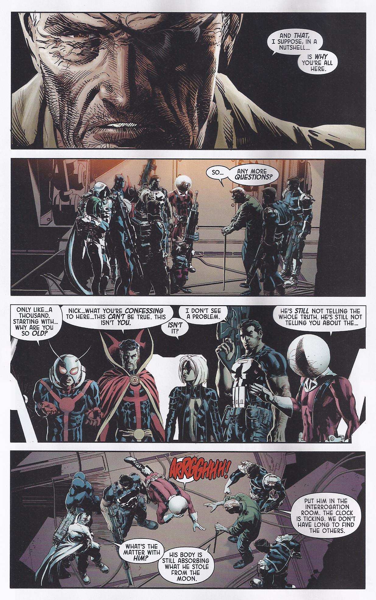 Nick Fury the Unseen chained on the Moon, comic page