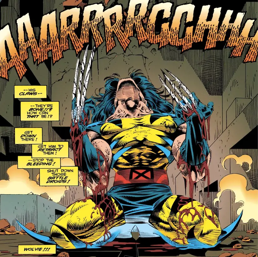 Comic panel of Wolverine screaming as he pops bone claws in the Danger Room
