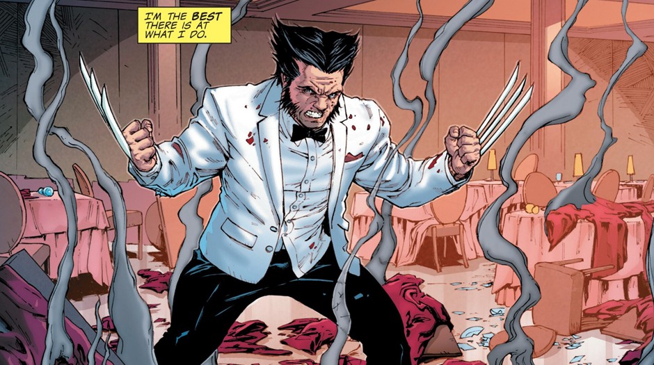 Modern comic panel of Wolverine as Patch in a bloodied white tuxedo, claws out in a wrecked ballroom