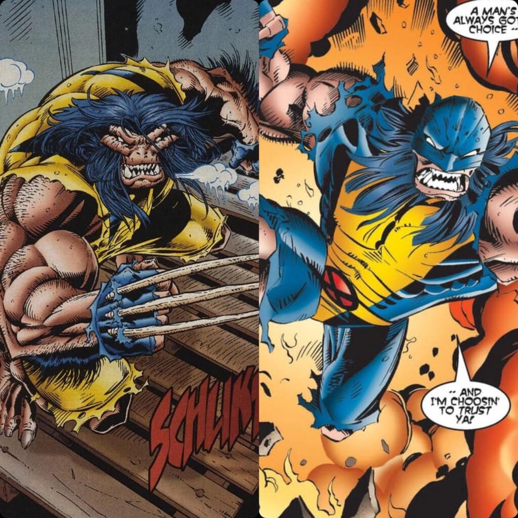 Noseless feral Wolverine wearing a blue bandana, comic art
