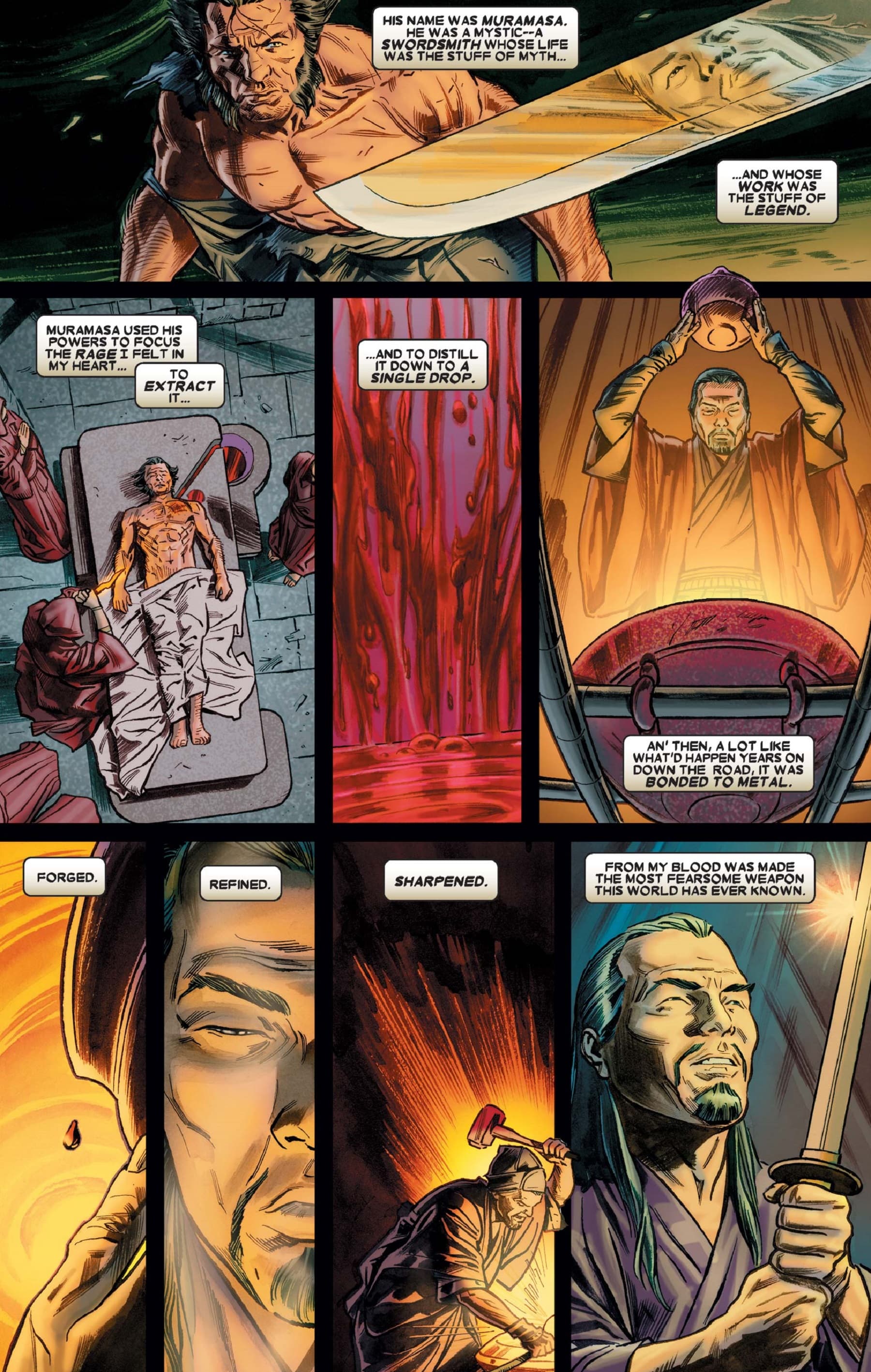 Comic page showing Muramasa forging the blade from Wolverine's rage, Wolverine holding the sword